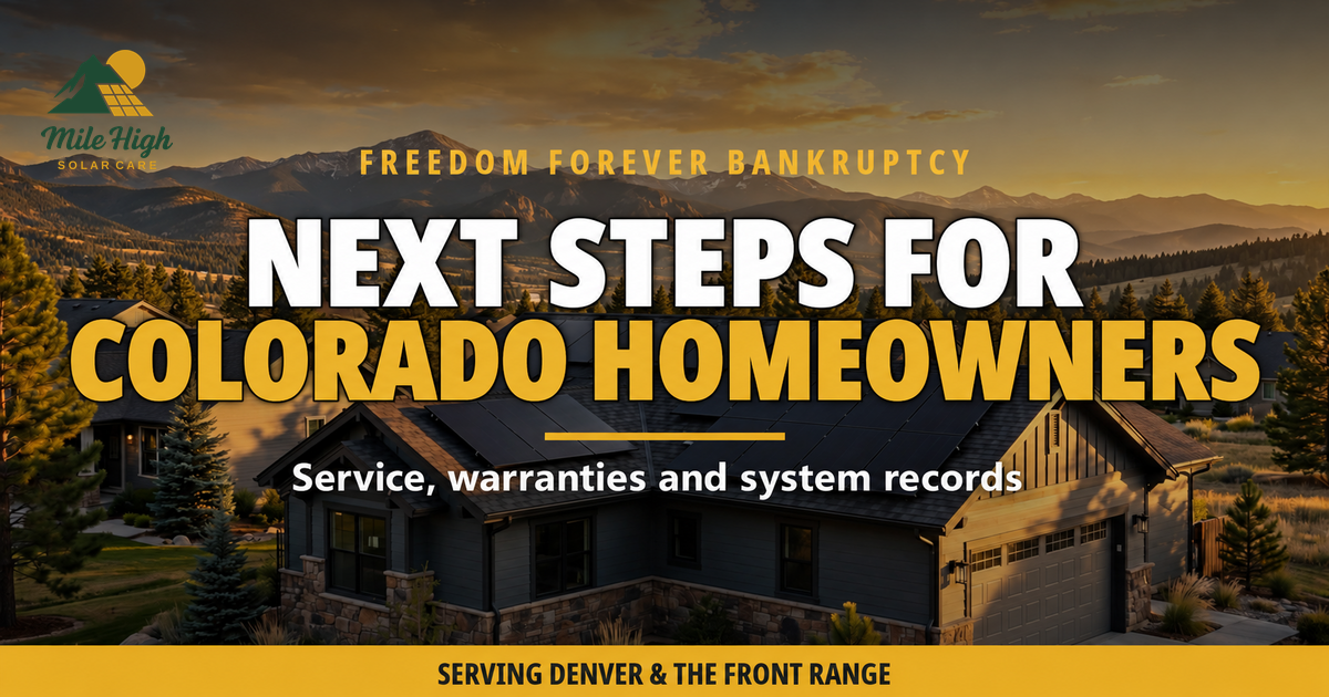 Illustration of a Colorado home with rooftop solar at sunset. Freedom Forever bankruptcy: next steps for Colorado homeowners; service, warranties and system records. Mile High Solar Care, serving Denver and the Front Range.