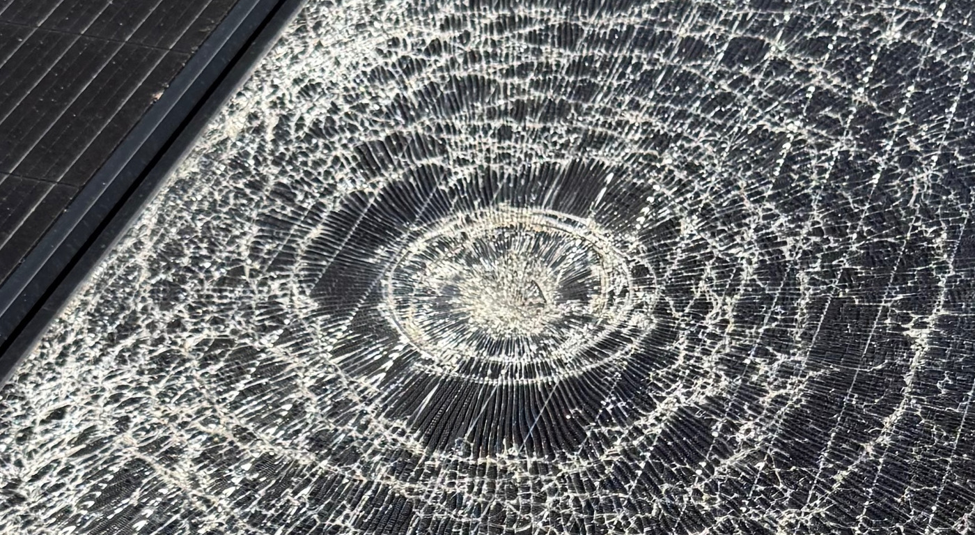 Circular hailstone impact on shattered solar panel glass, with fractures radiating outward