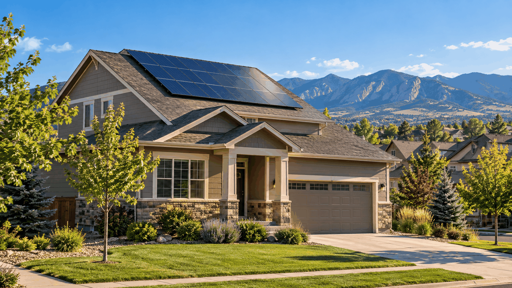 Colorado home with rooftop solar panels under a bright blue sky.