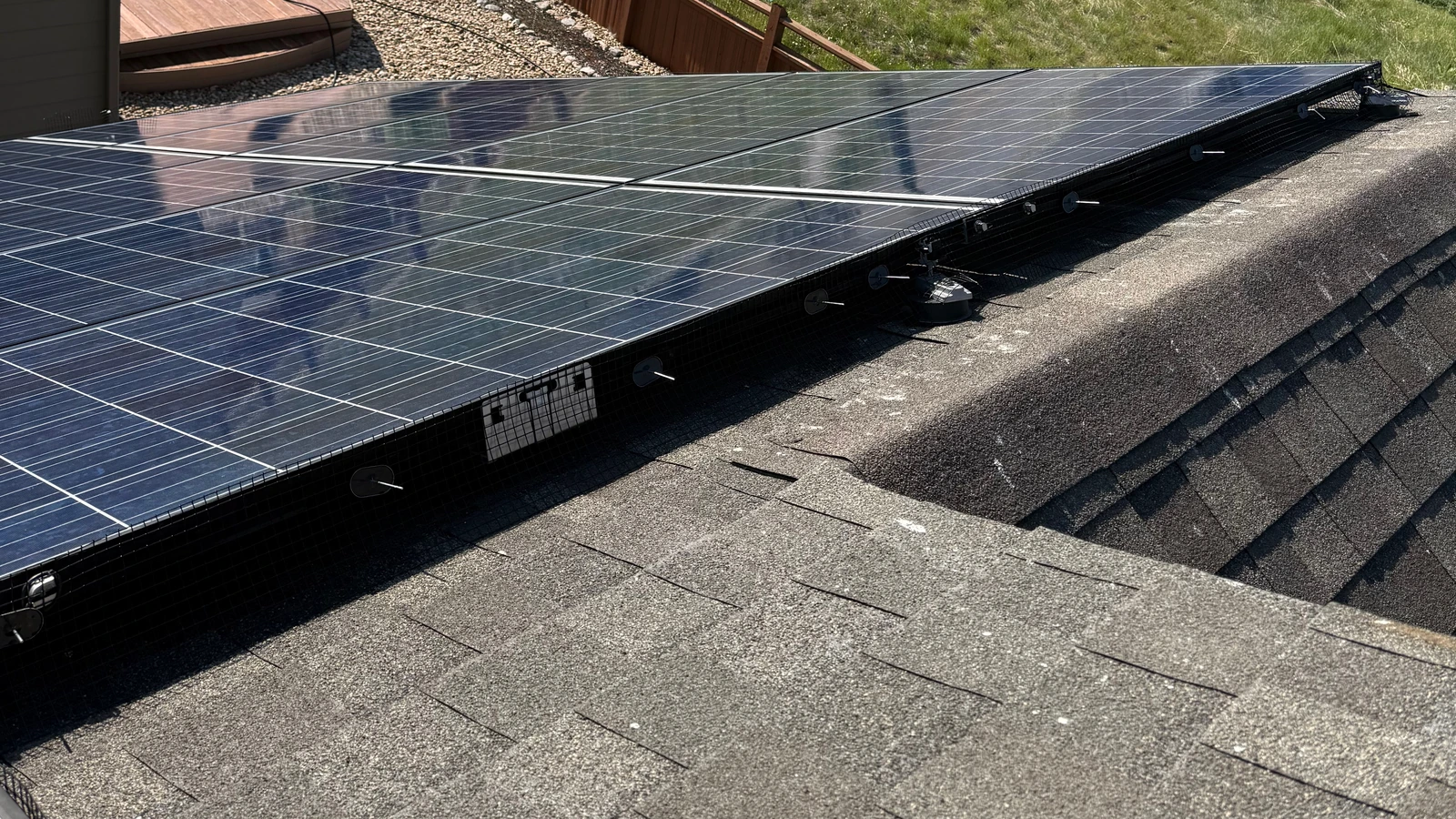 Black critter-guard mesh secured along the edge of rooftop solar panels.