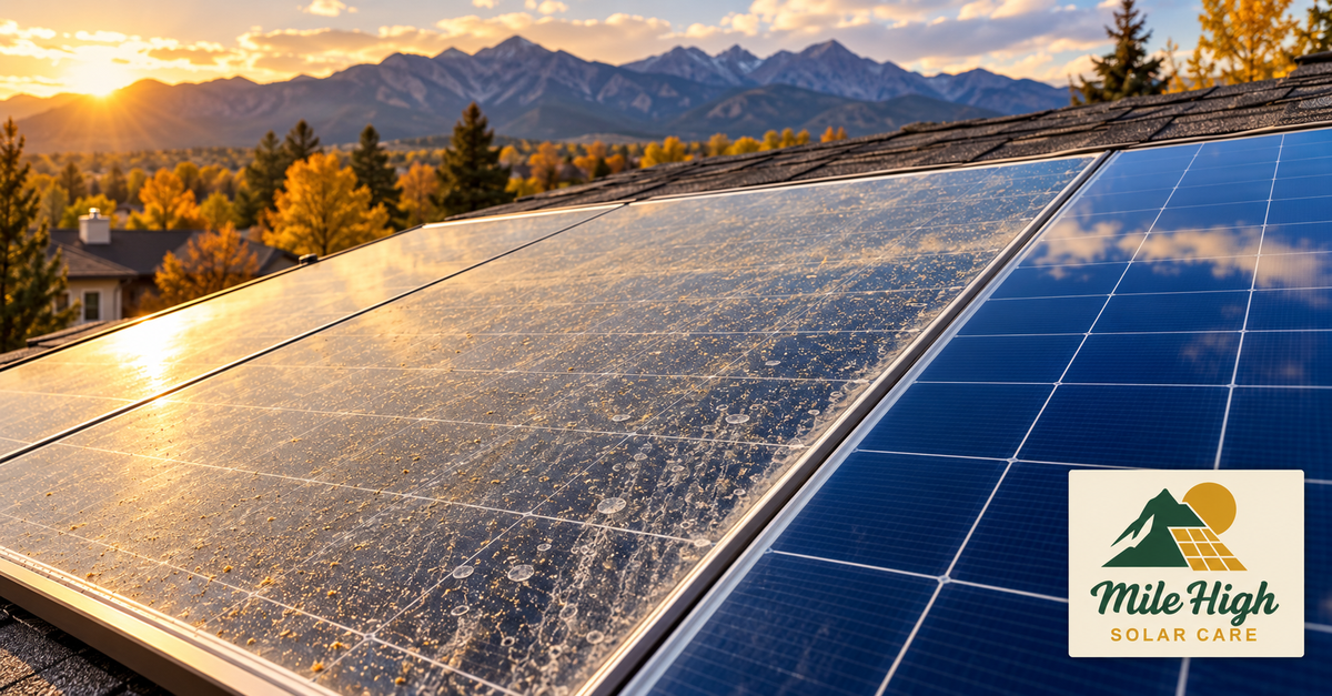 Dusty solar panels in warm Front Range light — fall cleaning before winter.