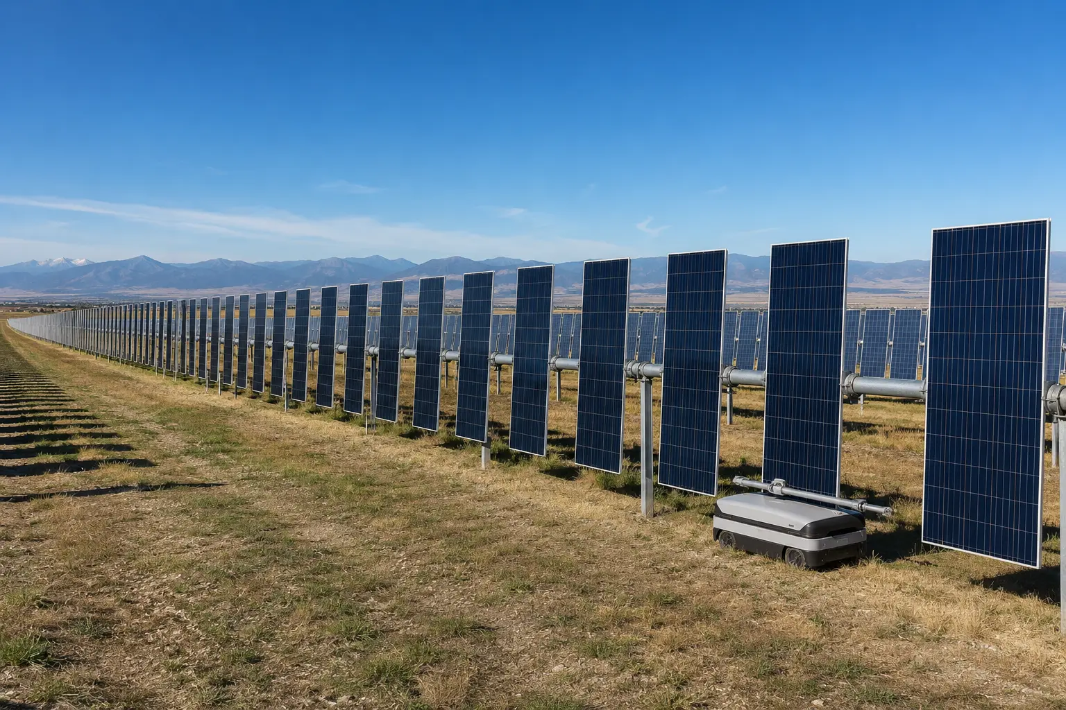 Ground-mounted solar tracker rows in Colorado with a representative robotic cleaning concept